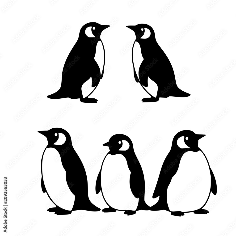 Obraz premium Penguins set with a 2x2 grid of black silhouette penguins against a white background featuring minimalist line art, vector illustration, playful mood with stark contrast and even lighting