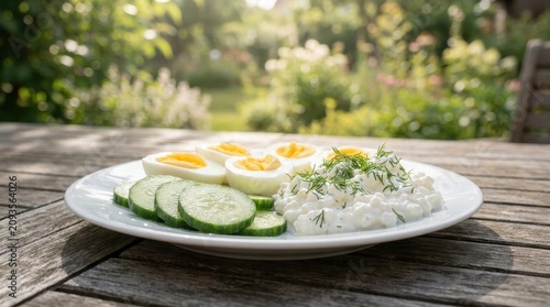 Healthy High Protein Breakfast with Boiled Eggs Cucumber and Cottage Cheese on Wooden Garden Table Website Banner Hero Header Wide Background for Nutrition Content