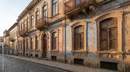 Historic European Street with Weathered Architecture and Peeling Pastel Walls at Sunset; Website Banner and Hero Header featuring Authentic Urban Texture, Wide Background, and Design Space