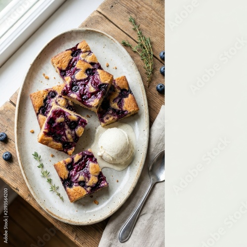 Gourmet Blueberry Cake Squares with Vanilla Ice Cream Scoop on Rustic Wood Table, Vertical Social Media Ad with Copy Space for Menu Design