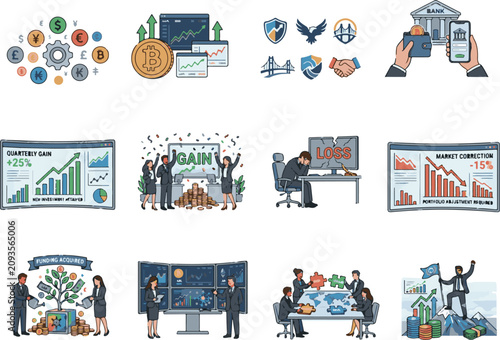 Stock market trading and cryptocurrency financial investment icon set