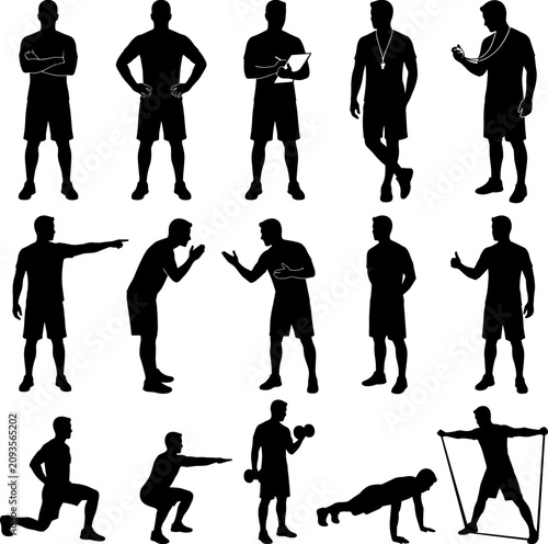 фотографія Silhouettes of sports coaches and personal trainers instructing athletes performing various fitness exercises like squats, lunges, push-ups, and weight training