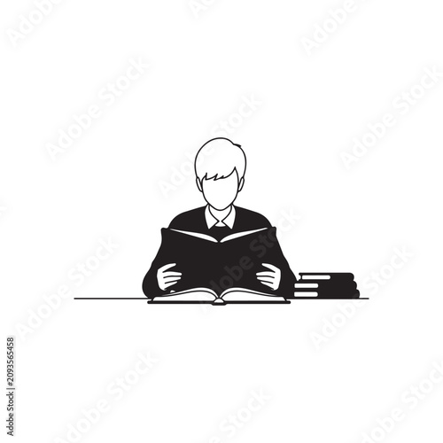 Foto Student sitting at desk reading a large textbook with education learning studyin