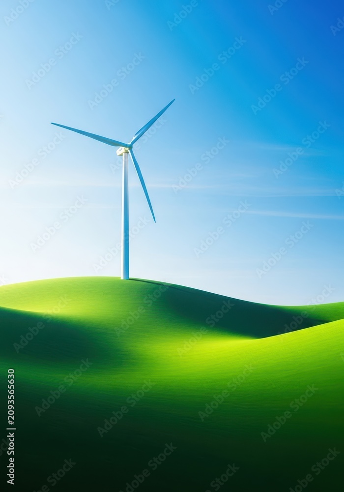 Fototapeta premium Large white wind turbines stand tall across a rolling green hillside under a clear blue sky, generating clean renewable electricity for all, nature, fuel, efficiency