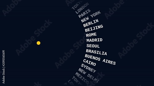 Animated circular list showing major global city names revolving around yellow sun icon.