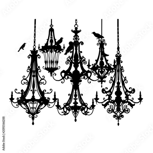 Fotografija Chandeliers set with intricate bird motifs and ornate curves featuring black and