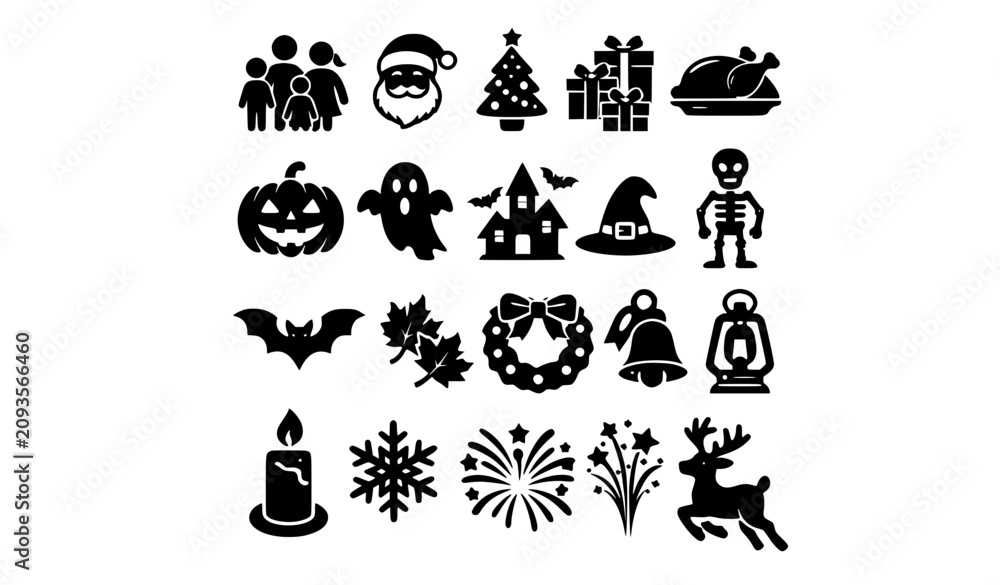 Obraz premium Holiday Vector Icon Set with Christmas Halloween Thanksgiving and Winter Elements