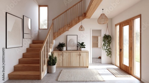 Modern entryway with warm wood tones and ample light