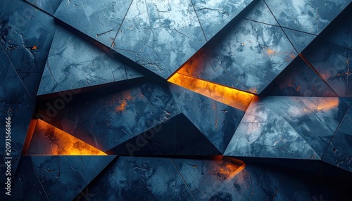 Abstract dark blue faceted surface with fiery orange glow.