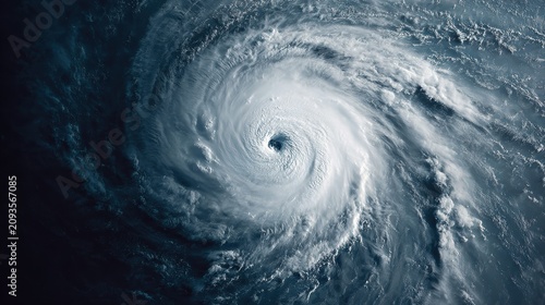 Aerial view of a powerful hurricane swirling over the ocean with a dark background.