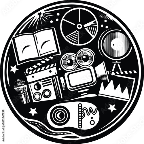 Vászonkép Film, cinema, movie, and video production icons, black and white vector illustra