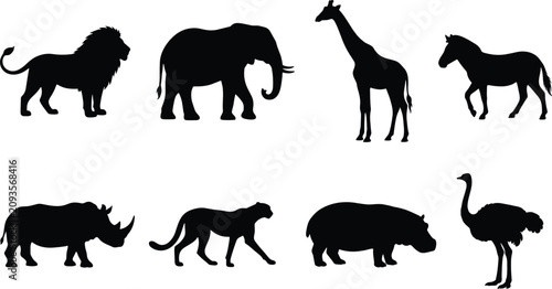 Photography African Wild Animal Silhouette Collection Featuring Lion Elephant Giraffe Rhino