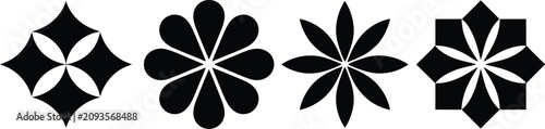 Fotografía Abstract black flower shapes vector collection featuring symmetrical geometric petals tile motifs star burst symbols for brand logo design decoration