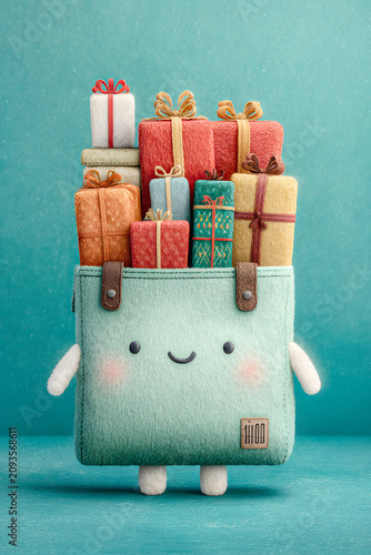 Cute bag with many gifts standing on a bright blue background in a creative display celebrating fun and joy