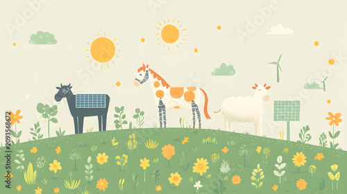 Farm scene with animals and natural elements under bright sun with solar panels and wind turbines in the background