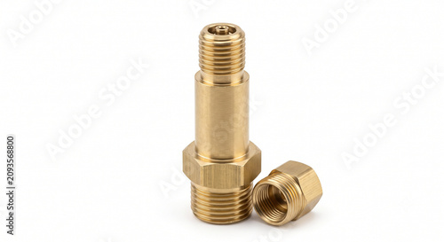 Professional macro of a bare brass Schrader valve for 4x4 automotive air suspension systems. Rugged hardware isolated on a pure white background.