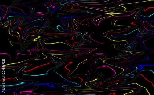 Vibrant multicolored neon light lines on black background abstract design