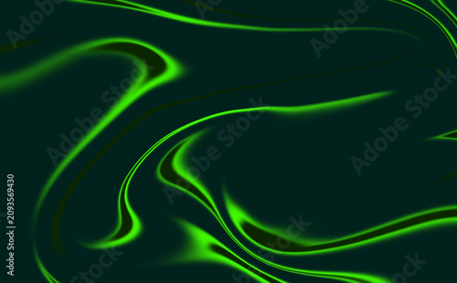 Vibrant green neon light swirls on dark background abstract