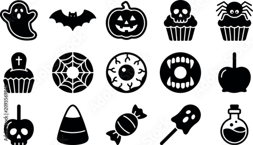 Cuadro en lienzo Halloween candy trick treat silhouette bundle set collection on white background