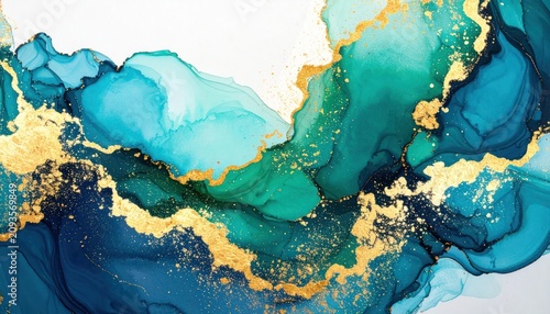 Abstract deep blue ink texture with golden glitter veins.