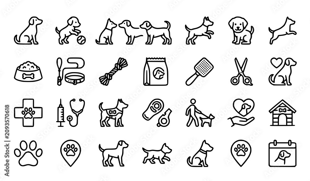Fototapeta premium Dog care and veterinary line icons set