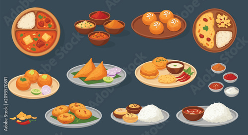 Traditional Indian food dishes set including curry, samosa, rice, naan bread, spices, and sweets on dark background.