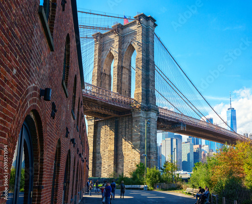 View of  Brooklyn Bridge in autumn  sunny day,  New York City, United States.