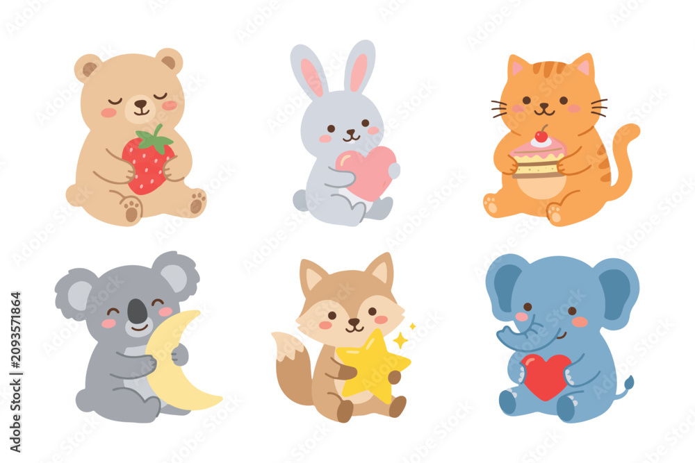 Obraz premium Cute nursery animal characters holding sweet treats and hearts set vector illustration
