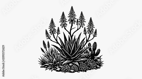 Tableau sur toile Detailed black and white illustration of desert plants and cacti.