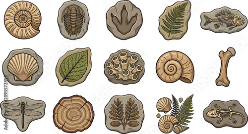 Foto Prehistoric fossil and paleontology vector icon set featuring ammonite trilobite
