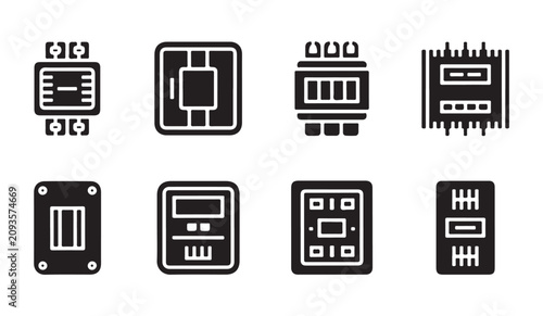 Foto Industrial electric meter and circuit breaker equipment icon collection for schematics