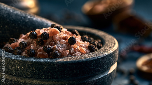 Black peppercorns and pink himalayan salt in a dark stone mortar with peppercorns, seasoning