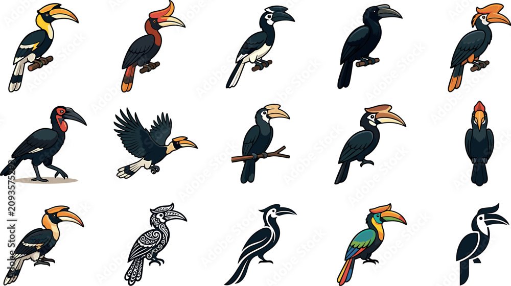Obraz premium Exotic hornbill bird vector illustration set featuring various tropical wildlife species silhouettes flying and perched icons