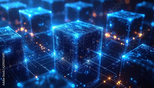 Abstract digital data cubes in glowing blue network