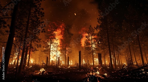 Intense wildfire engulfs a dense forest, with towering flames consuming trees and embers floating in the smoky night sky.