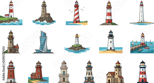 Foto Lighthouse vector illustration set featuring various architectural beacons sceni