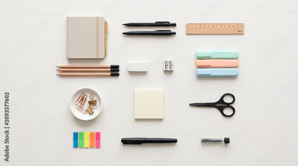 Fototapeta premium Flat lay school supplies arranged on white background. Top view stationery essentials for students and teachers.