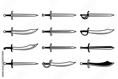 Картината върху платно Collection of various sword and saber weapon icons in black and white
