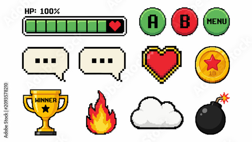 Pixel art video game icons and symbols for user interface design