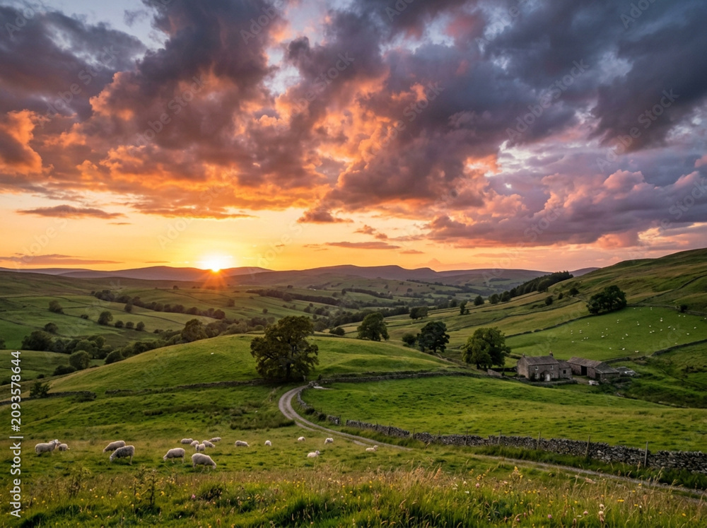 Fototapeta premium Rolling green hills and sheep at sunset with dramatic cloud formations
