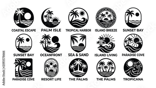 Photos Tropical beach logo icons with palm trees and sunsets