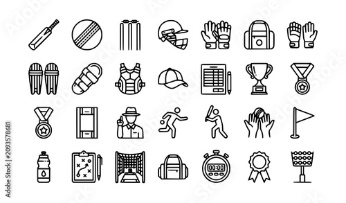 Photos Cricket Equipment Monochrome Line Icon Pack with Bat Ball and Stadium Symbols