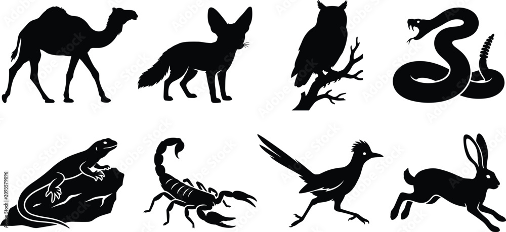 Obraz premium Black silhouette set of desert wildlife animals including camel snake scorpion and fox vector icons