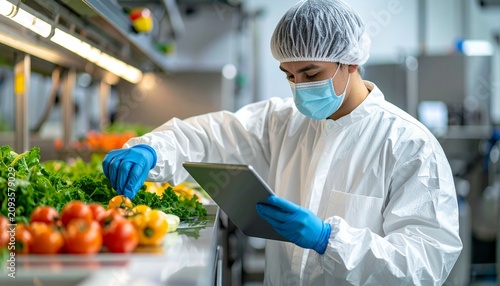 Food safety inspector examining produce with tablet in food processing plant.