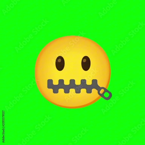 A vibrant yellow emoji character with a zipped mouth on a solid green background, effectively conveying concepts of silence, secrecy, or the deliberate act of refraining from speaking