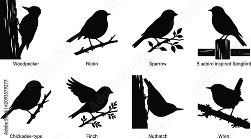 Tableau sur toile Black silhouette vector illustration set of common garden songbirds and woodland