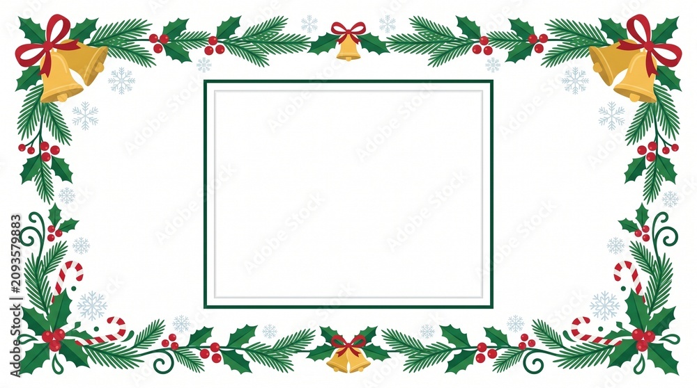 Fototapeta premium A festive Christmas border with holly, bells, and red bows surrounds a blank frame on a white background.