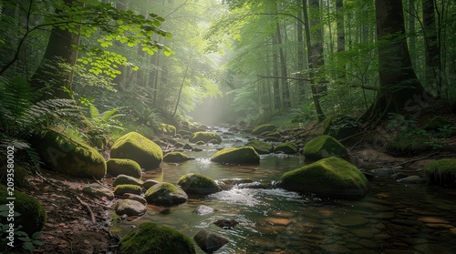 A serene forest stream gently flows over moss-covered rocks, illuminated by soft sunlight filtering through dense green foliage.
