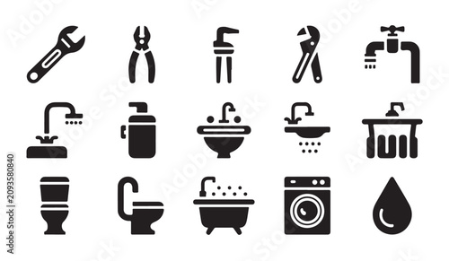 Cuadro en lienzo Set of plumbing tools and bathroom fixtures glyph icons, water and sanitation symbols