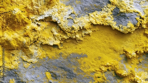 Macro photography of a bright yellow sulphur crust layer on a grey volcanic rock surface